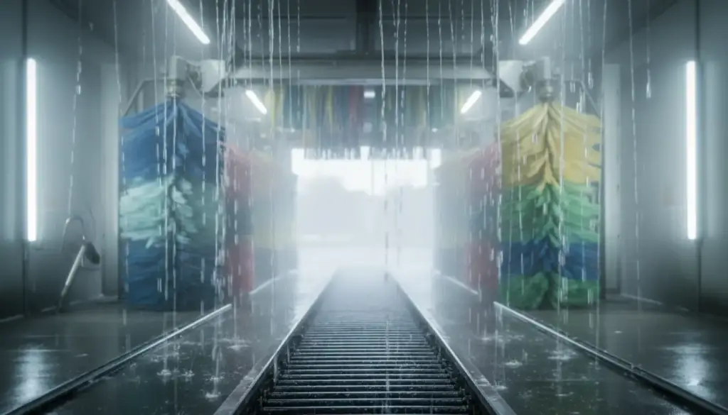 A curtain of rinse water falling through tunnel mist