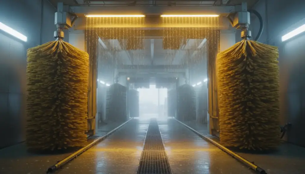 Amber soft-touch wash wheels on either side of a wet tunnel conveyor