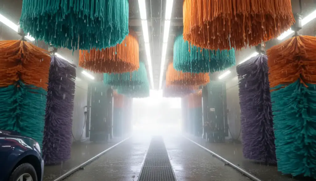 Teal and orange wash media hanging over the conveyor in the protectant arches