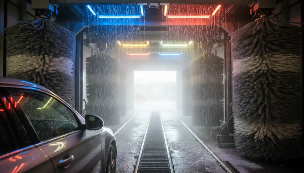 A car nosing into the express tunnel under coloured LED bars, spray mist ahead